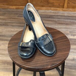 Clarks Black Croc-Embossed Leather Loafers with Gold Buckle